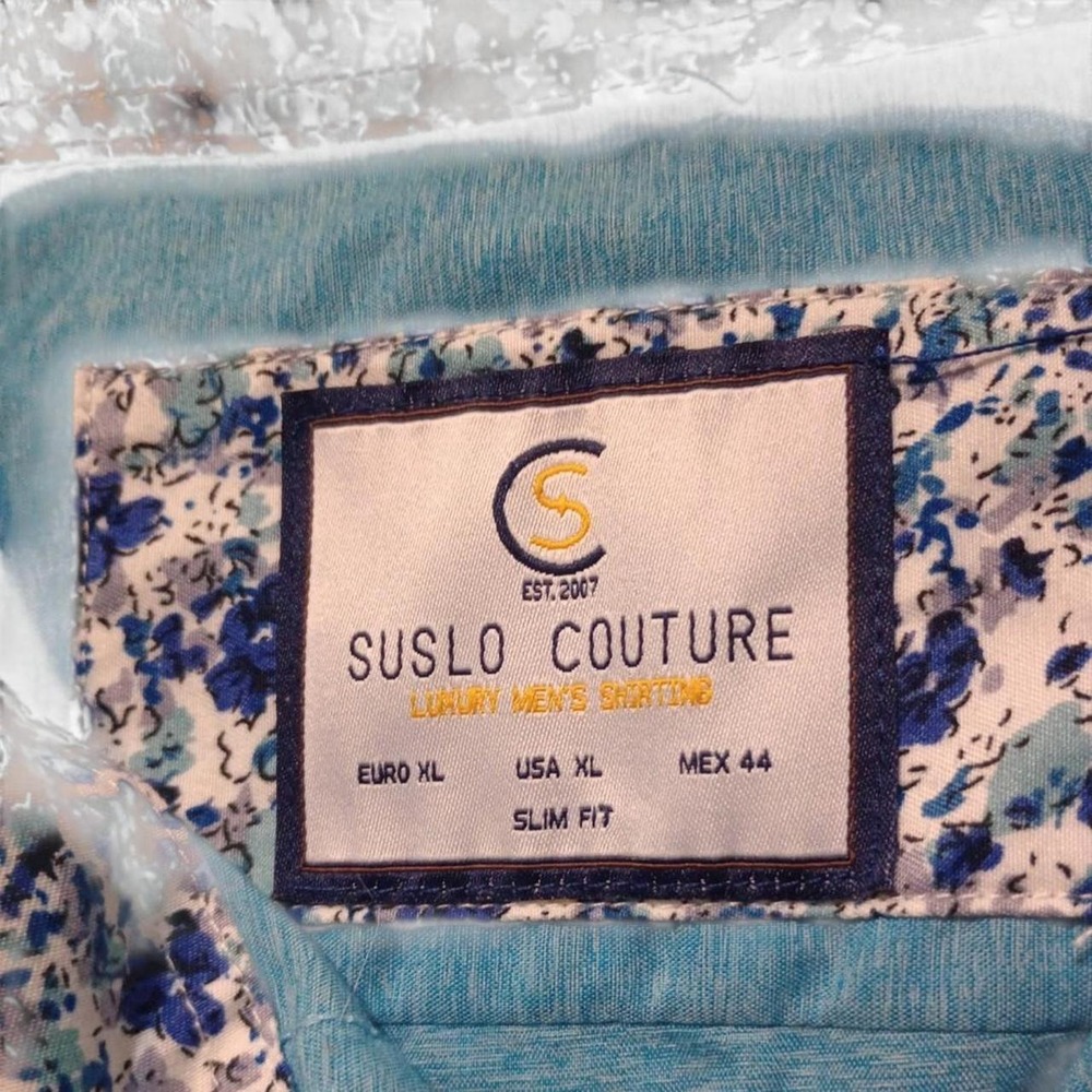 Suslo Couture Mens XL Slim Fit Button Down Shirt Light Blue Floral Trim Luxury